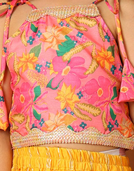 Pink Printed sleeveless top with Yellow golden lehenga