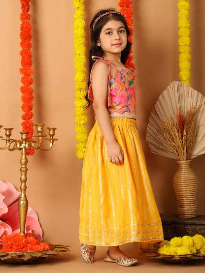 Pink Printed sleeveless top with Yellow golden lehenga