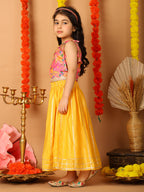 Pink Printed sleeveless top with Yellow golden lehenga
