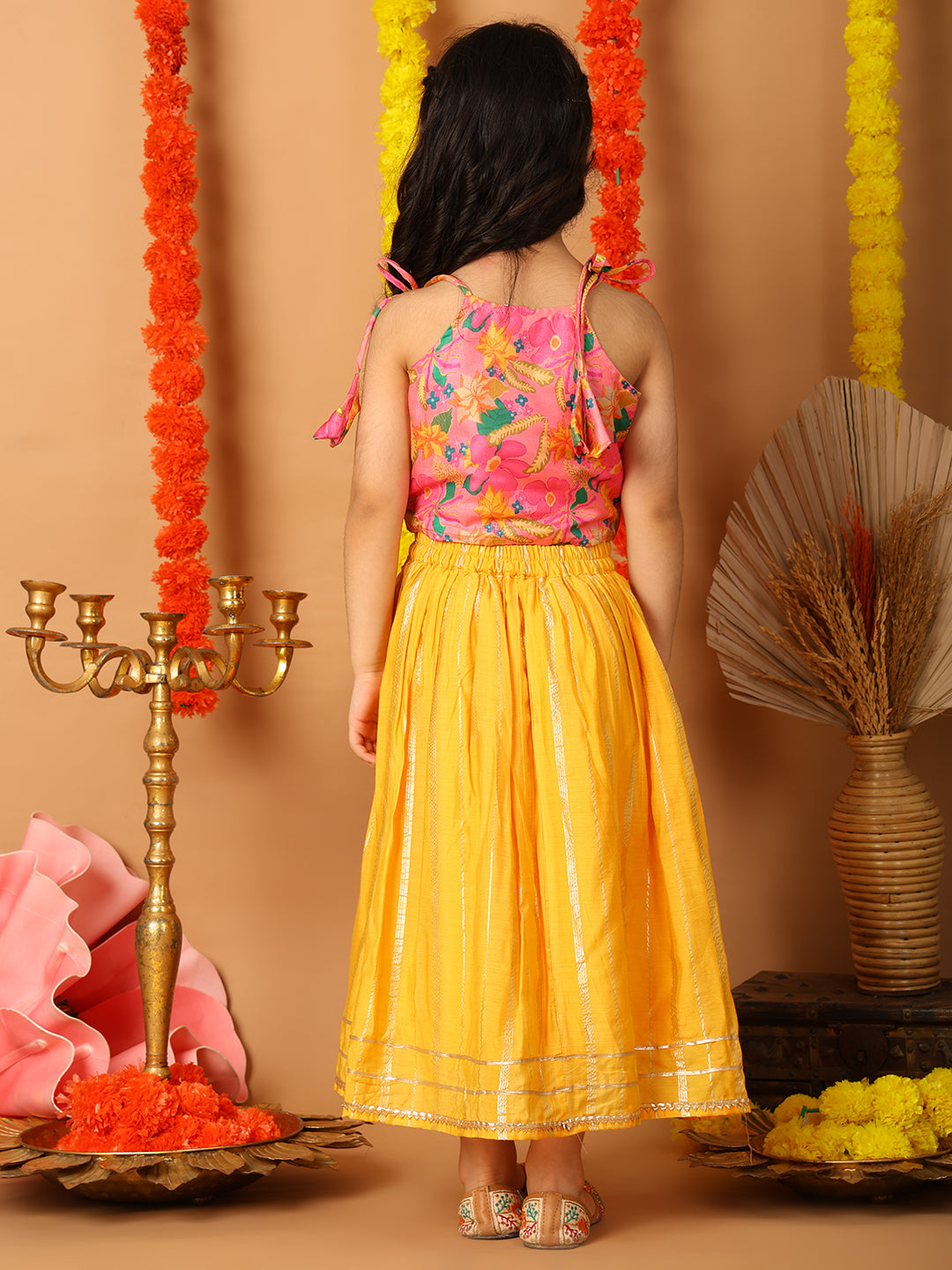 Pink Printed sleeveless top with Yellow golden lehenga