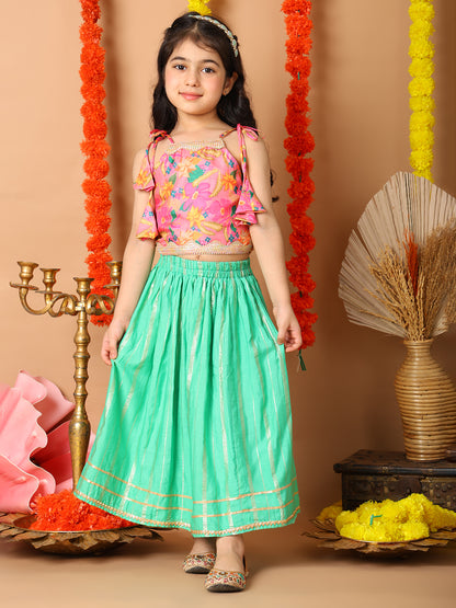 Pink Printed sleeveless top with Green golden lehenga