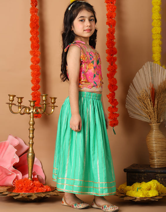 Pink Printed sleeveless top with Green golden lehenga