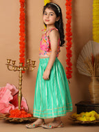 Pink Printed sleeveless top with Green golden lehenga