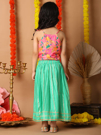 Pink Printed sleeveless top with Green golden lehenga