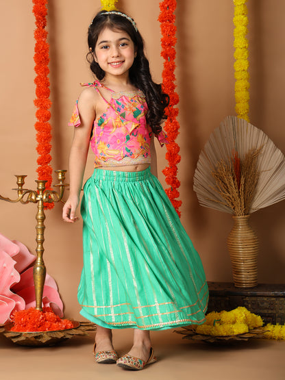 Pink Printed sleeveless top with Green golden lehenga