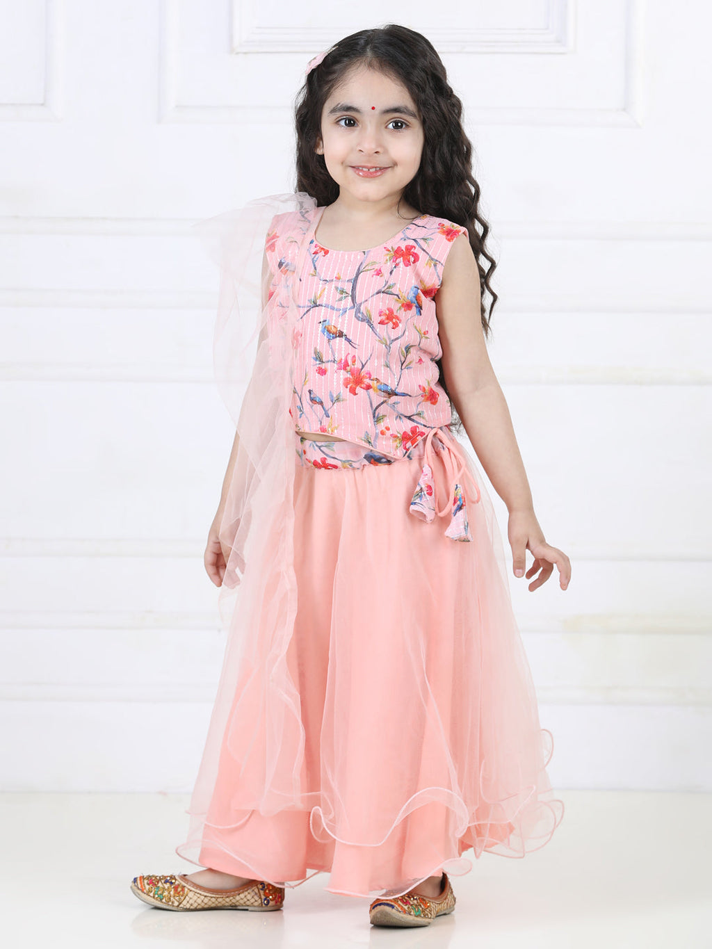 Peach Floral Sequins Top with Layered Net Lehenga and dupatta