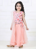 Peach Floral Sequins Top with Layered Net Lehenga and dupatta