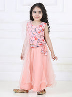 Peach Floral Sequins Top with Layered Net Lehenga and dupatta