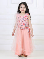 Peach Floral Sequins Top with Layered Net Lehenga and dupatta
