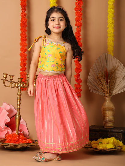 Yellow Printed sleeveless top with pink golden lehenga