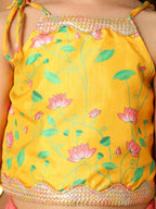 Yellow Printed sleeveless top with pink golden lehenga