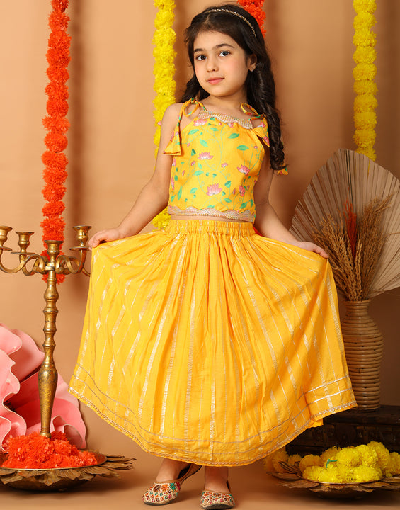 Yellow Printed sleeveless top with Yellow golden lehenga