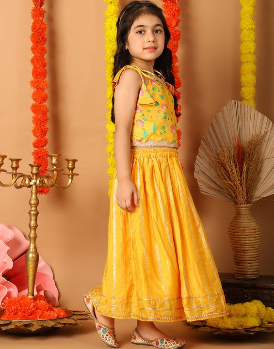 Yellow Printed sleeveless top with Yellow golden lehenga