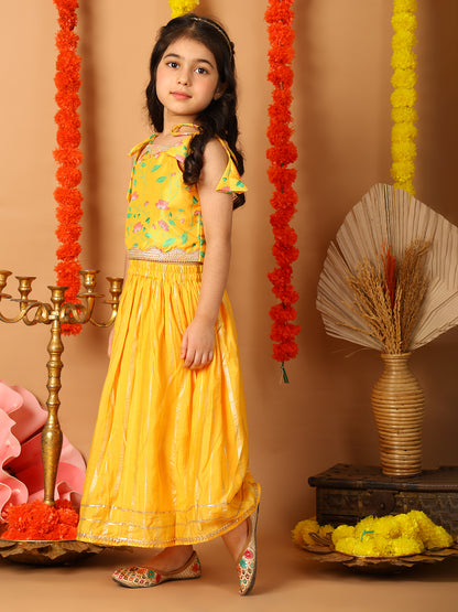 Yellow Printed sleeveless top with Yellow golden lehenga