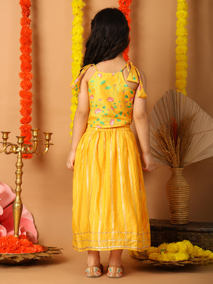 Yellow Printed sleeveless top with Yellow golden lehenga