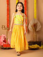 Yellow Printed sleeveless top with Yellow golden lehenga