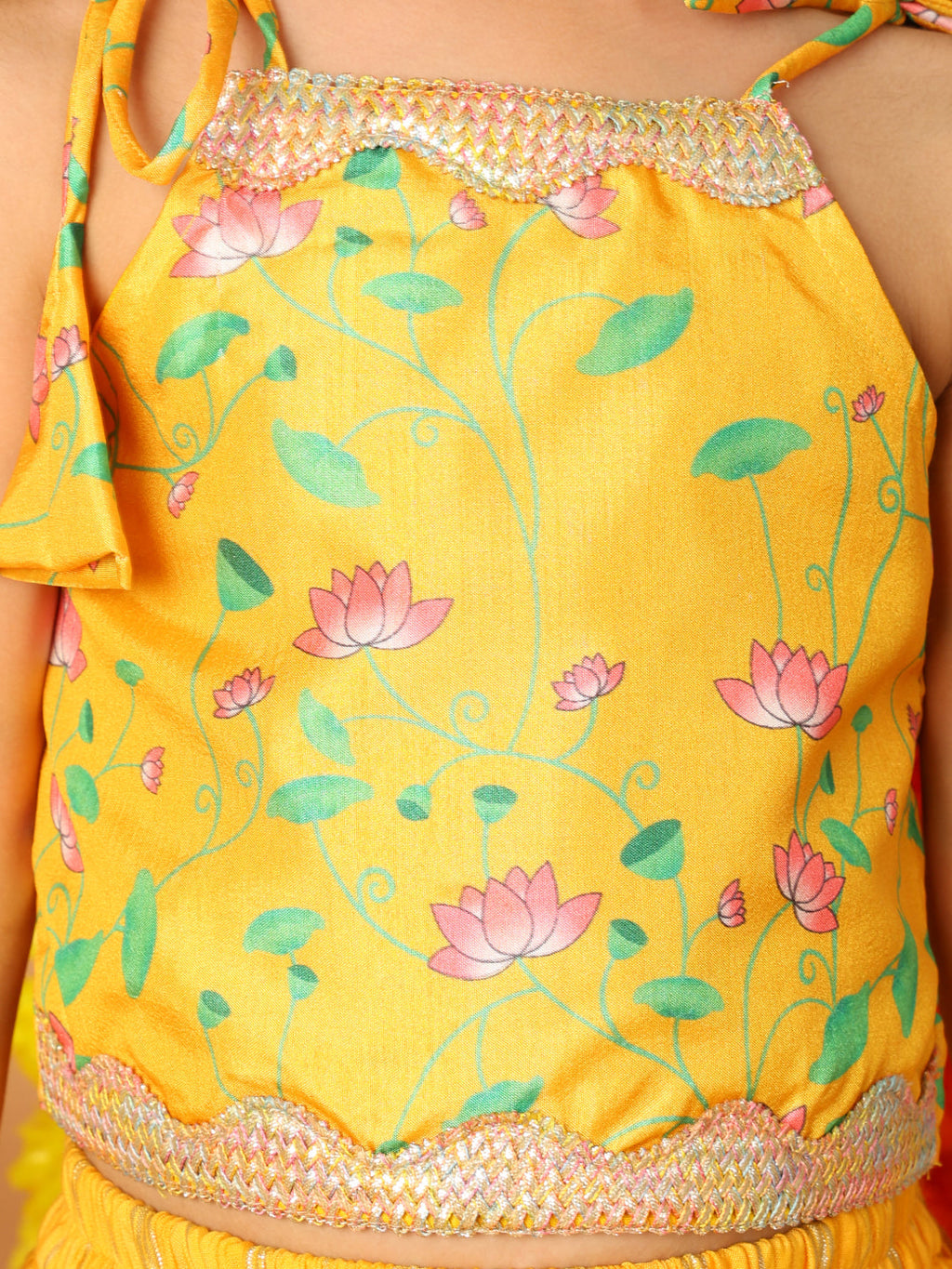 Yellow Printed sleeveless top with Yellow golden lehenga