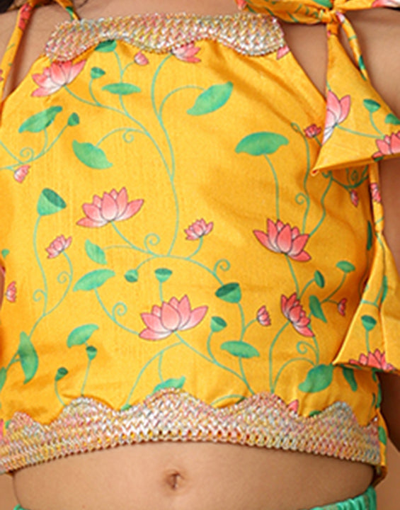 Yellow Printed sleeveless top with Green golden lehenga