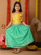 Yellow Printed sleeveless top with Green golden lehenga