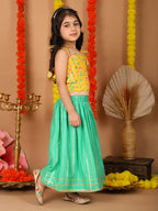 Yellow Printed sleeveless top with Green golden lehenga