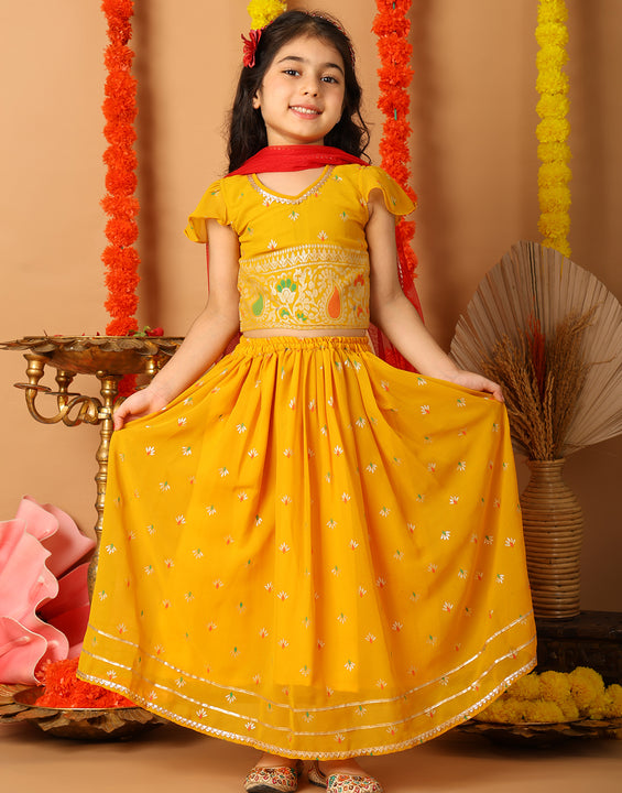 Yellow Short Sleeves Printed lehenga with dupatta