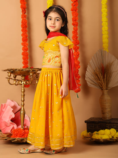 Yellow Short Sleeves Printed lehenga with dupatta