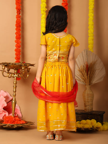 Yellow Short Sleeves Printed lehenga with dupatta