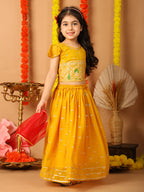 Yellow Short Sleeves Printed lehenga with dupatta