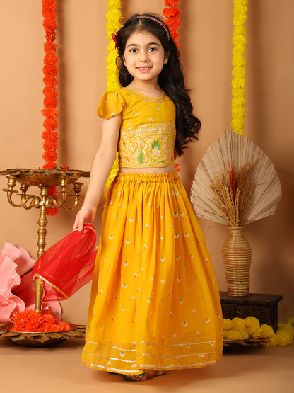 Yellow Short Sleeves Printed lehenga with dupatta