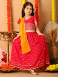 Red Short Sleeves Printed lehenga with dupatta