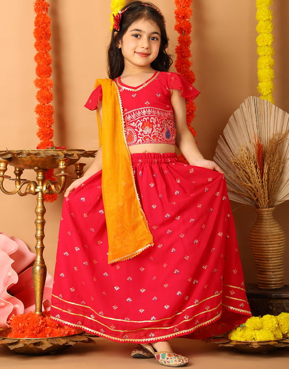 Red Short Sleeves Printed lehenga with dupatta