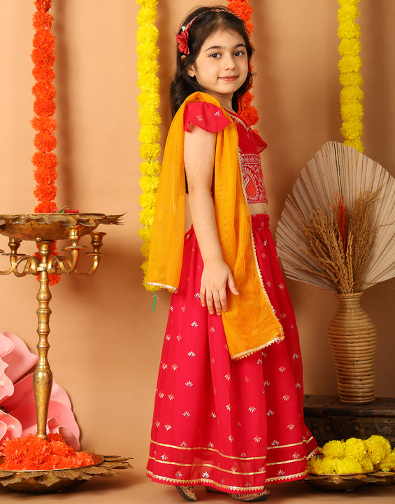 Red Short Sleeves Printed lehenga with dupatta