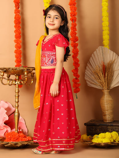 Red Short Sleeves Printed lehenga with dupatta
