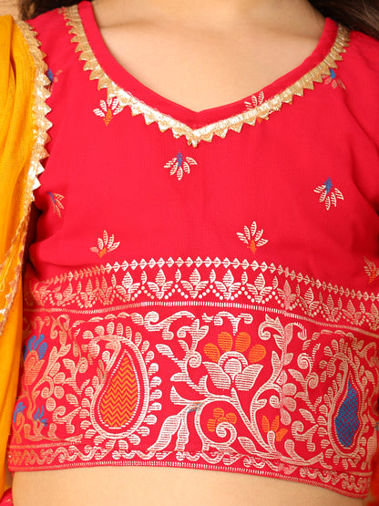 Red Short Sleeves Printed lehenga with dupatta