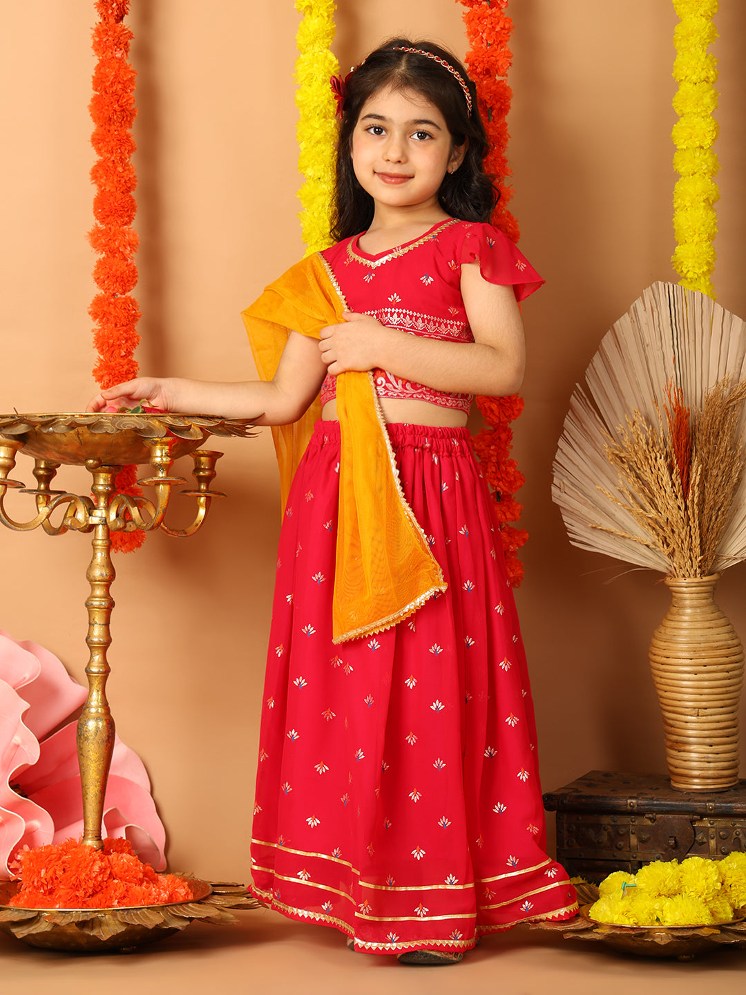 Red Short Sleeves Printed lehenga with dupatta