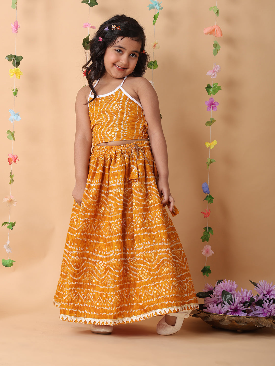 Yellow bandhani printed sleeveless lehenga set