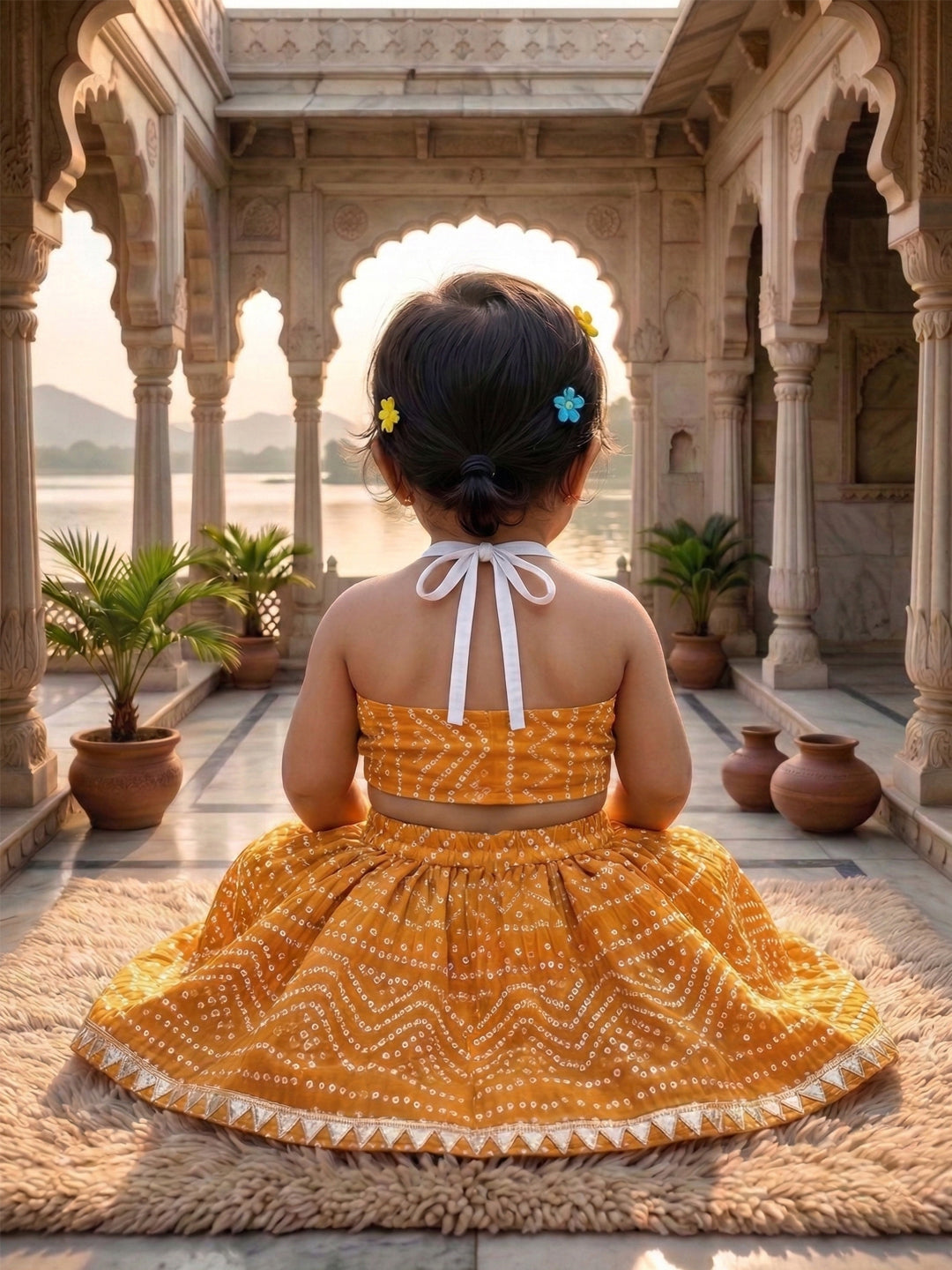 Yellow bandhani printed sleeveless lehenga set