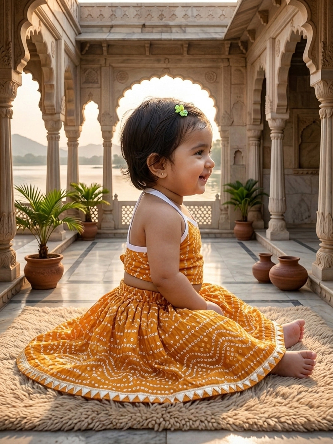 Yellow bandhani printed sleeveless lehenga set