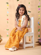 Yellow bandhani  printed  sleeveless lehenga set with mirror work jacket
