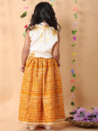 Yellow bandhani  printed  sleeveless lehenga set with mirror work jacket