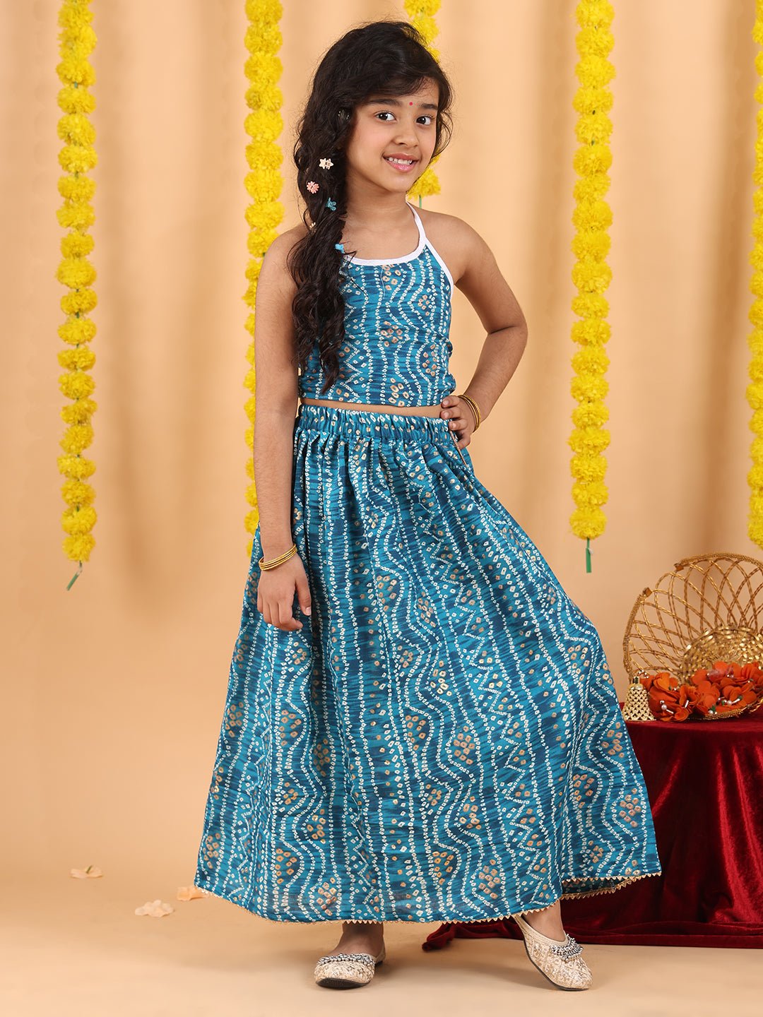 Blue bandhani printed sleeveless lehenga set