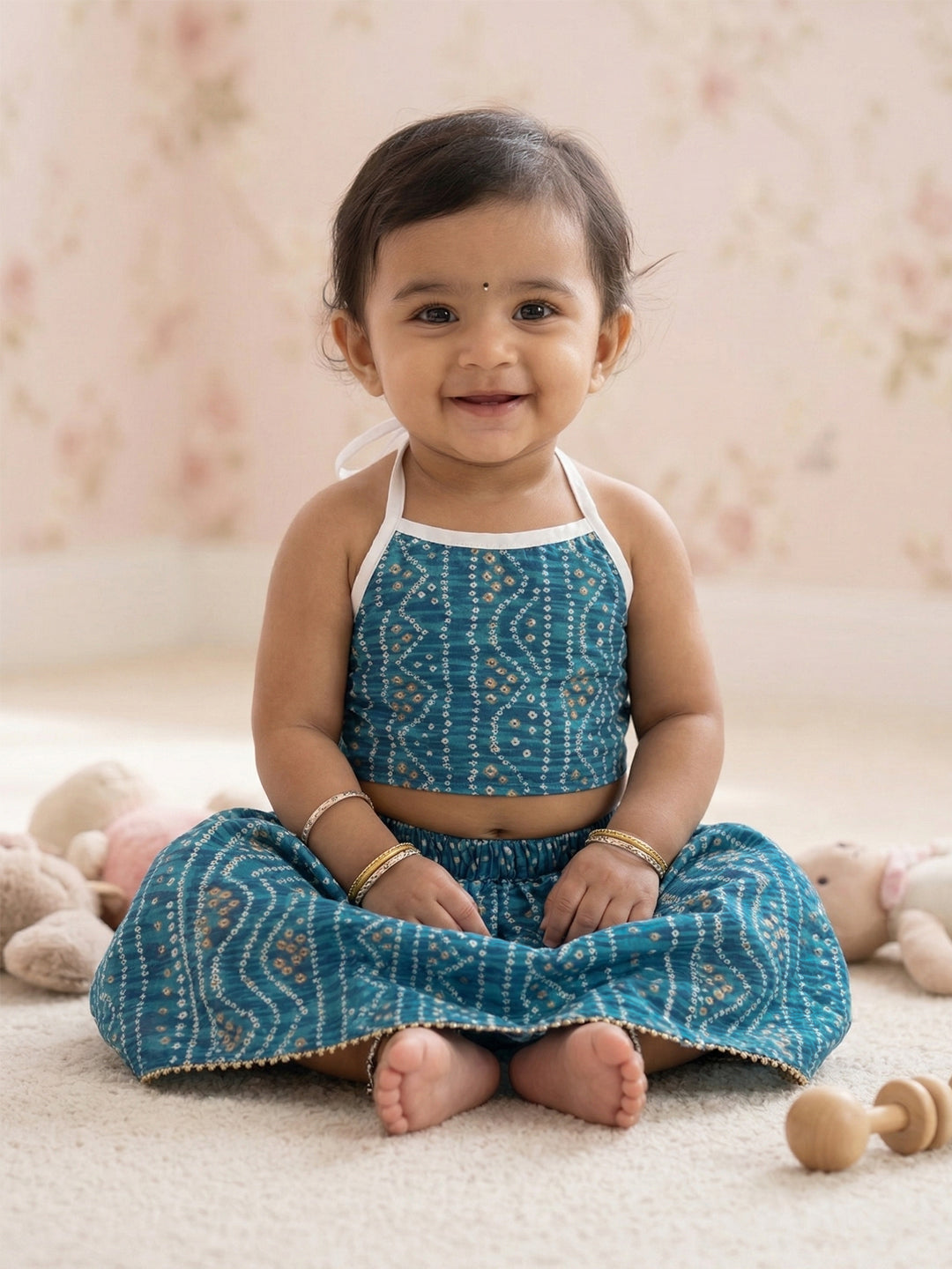 Blue bandhani printed sleeveless lehenga set