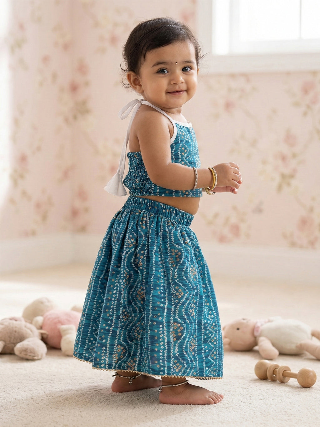 Blue bandhani printed sleeveless lehenga set