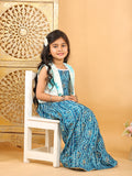 Blue bandhani  printed  sleeveless lehenga set with mirror work jacket
