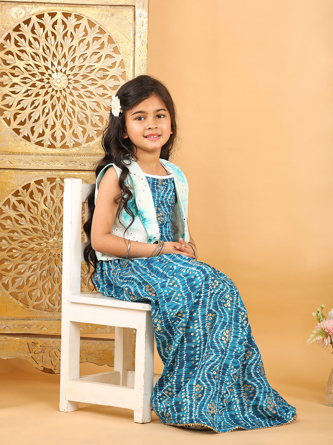 Blue bandhani  printed  sleeveless lehenga set with mirror work jacket