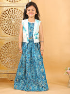 Blue bandhani  printed  sleeveless lehenga set with mirror work jacket