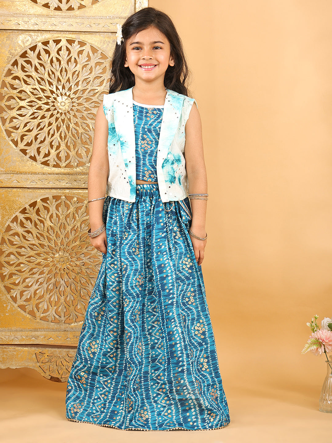 Blue bandhani  printed  sleeveless lehenga set with mirror work jacket