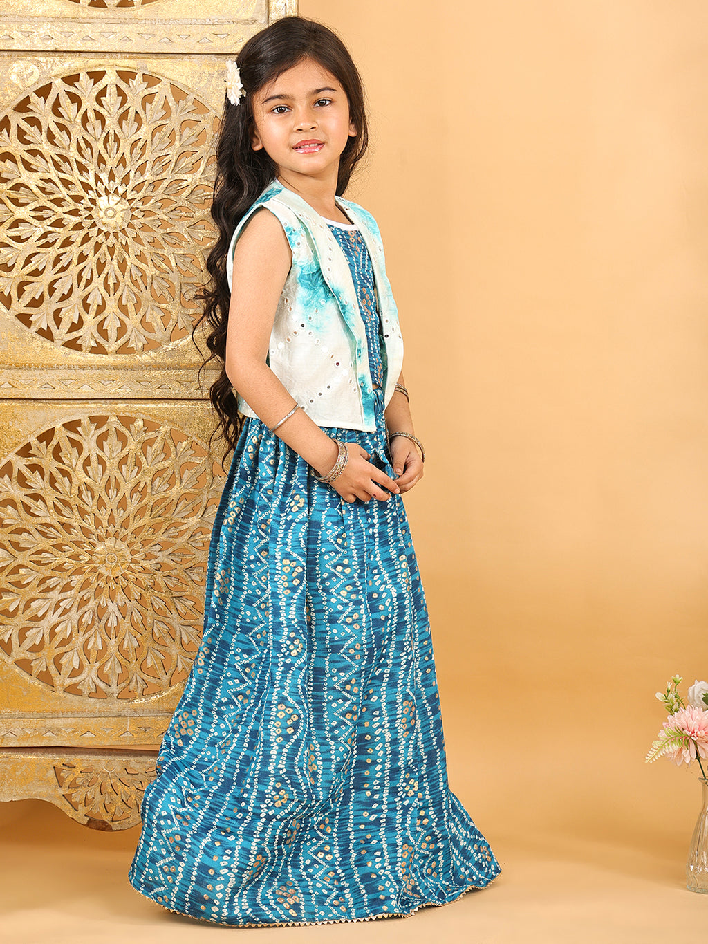 Blue bandhani  printed  sleeveless lehenga set with mirror work jacket