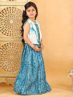 Blue bandhani  printed  sleeveless lehenga set with mirror work jacket