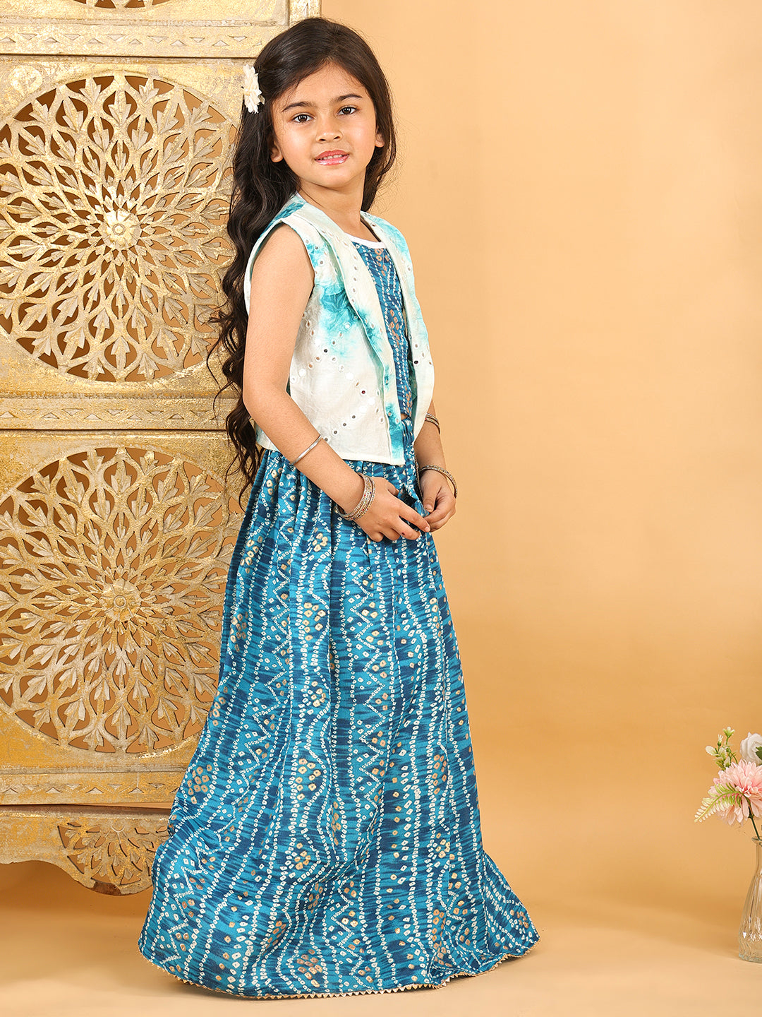 Blue bandhani  printed  sleeveless lehenga set with mirror work jacket